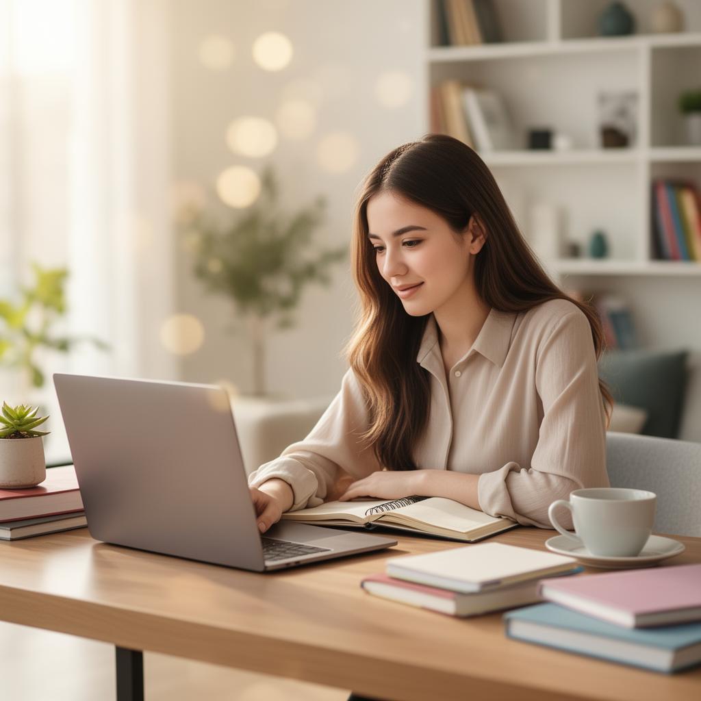 Aluna estudando inglês no notebook